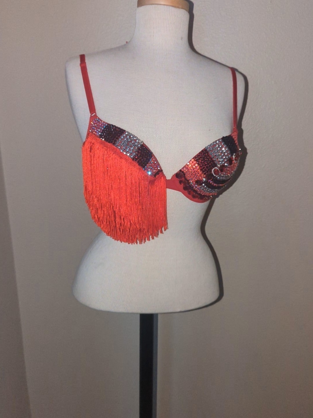Fringe Rhinestoned Push-Up Bra in Red